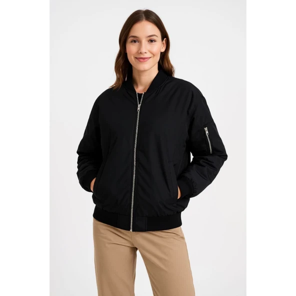 Içi Astarlı Fermuarlı Lucky Life Bomber Mont Ceket - Siyah - 3