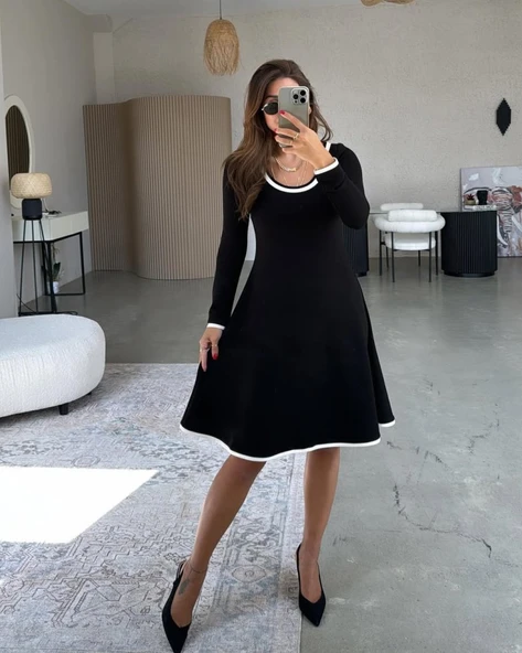 Lucky Life Kadın Uzun Kollu Yuvarlak Yaka Midi Viskon Iki Iplik Elbise - Resim 2