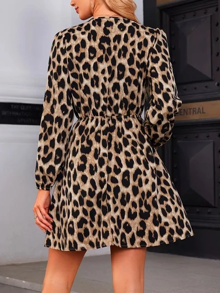 Lucky Life Kadın Uzun Kollu Kruvaze Yaka Kemerli Desenli Mini Leopar Elbise - Resim 4