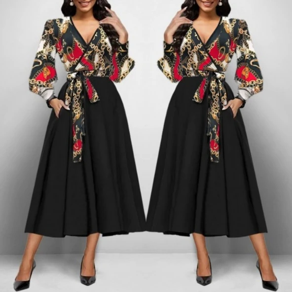 Lucky Life Kadın Uzun Kollu Kruvaze Yaka Dalgıç Krep Midi Boy Elbise - Resim 3