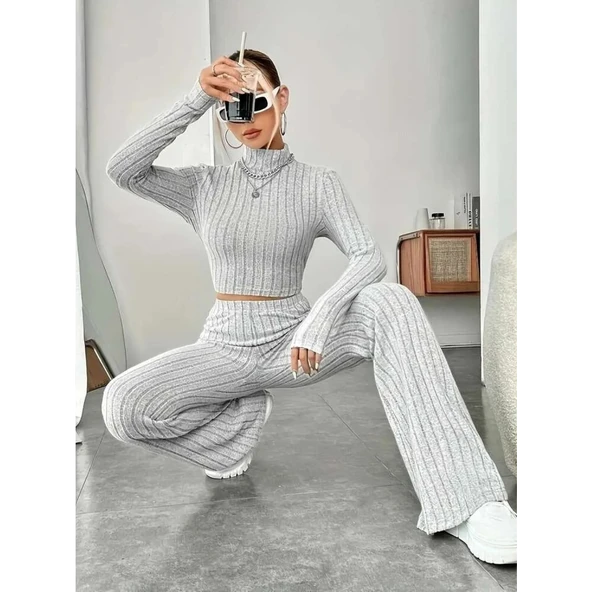 Lucky Life Kadın Uzun Kollu Balıkçı Yaka Krop Ve Pantolon şardonlu Kaşkorse Ikili Takım - 4