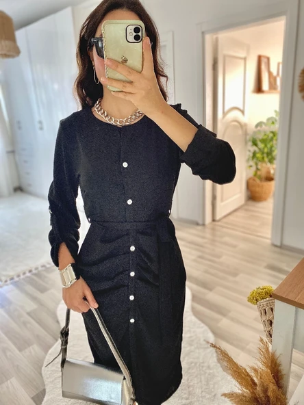 Lucky Life Kadın Uzun Kollu önden Düğmeli Beli Kuşaklı Aerobin Midi Elbise - Resim 9