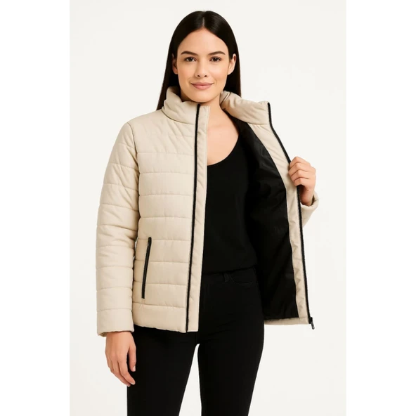 Lucky Life Bomber Mont Ceket – Su İtici Kumaş, Kapitone Astarlı, Fermuarlı, Kışlık - Bej - 2