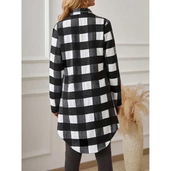 Lucky Life Kadın Uzun Kollu Ekoseli önden Düğmeli Dokuma Uzun Gömlek - 4