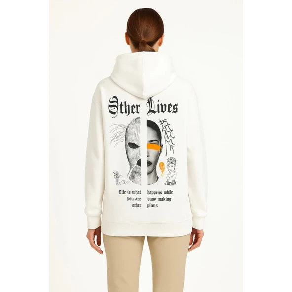 Lucky Life Üç İplik Kapşonlu ön Ve Arka Baskılı SweatShirt Hoodie- Beyaz - 6