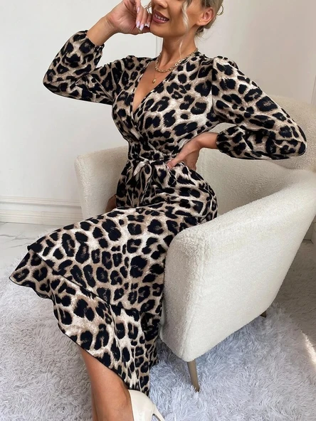 Lucky Life Kadın Uzun Kollu Kruvaze Yakalı Belden Kuşaklı Leopar - Resim 4