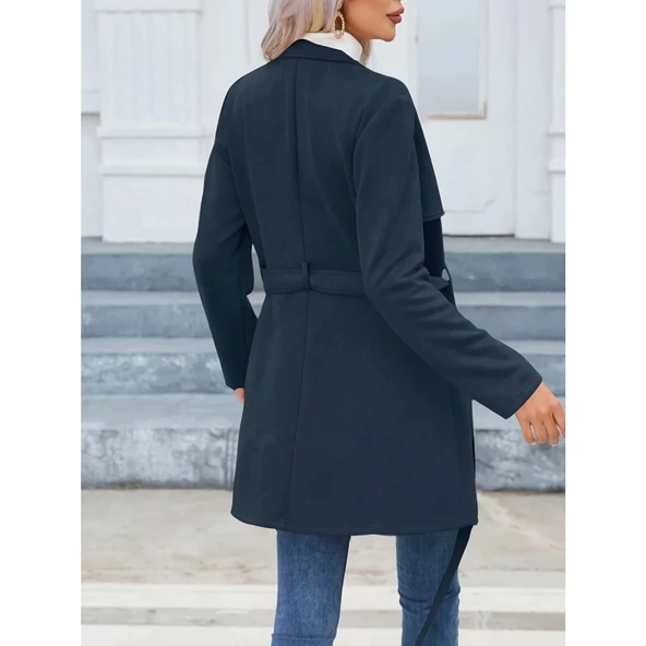 Lucky Life Kadın Uzun Kollu Boyundan Düğmeli Fermuarlı Beli Kuşaklı Süet Ceket - 5