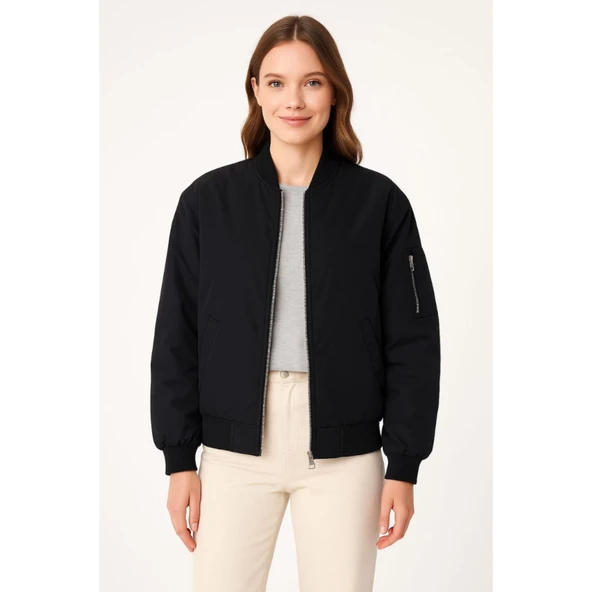 Içi Astarlı Fermuarlı Lucky Life Bomber Mont Ceket - Siyah - 4