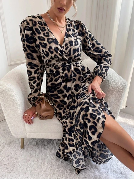 Lucky Life Kadın Uzun Kollu Kruvaze Yakalı Belden Kuşaklı Leopar ürün görseli 1