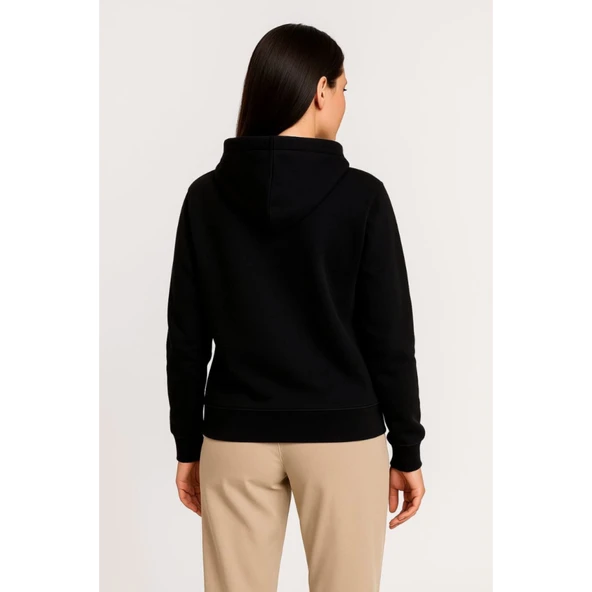 Lucky Life Üç İplik Kapüşonlu Tam Fermuarlı Kanguru Çepli SweatShirt Hoodie - Siyah - 4