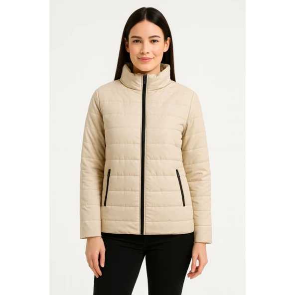 Lucky Life Bomber Mont Ceket – Su İtici Kumaş, Kapitone Astarlı, Fermuarlı, Kışlık - Bej - 3