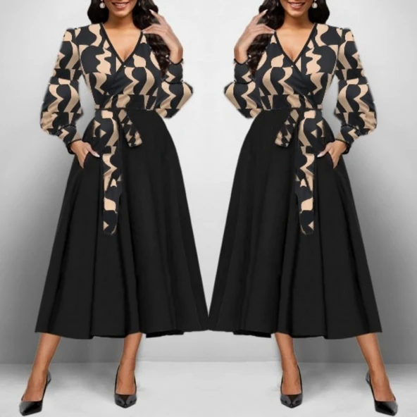 Lucky Life Kadın Uzun Kollu Kruvaze Yaka Dalgıç Krep Midi Boy Elbise - Resim 3