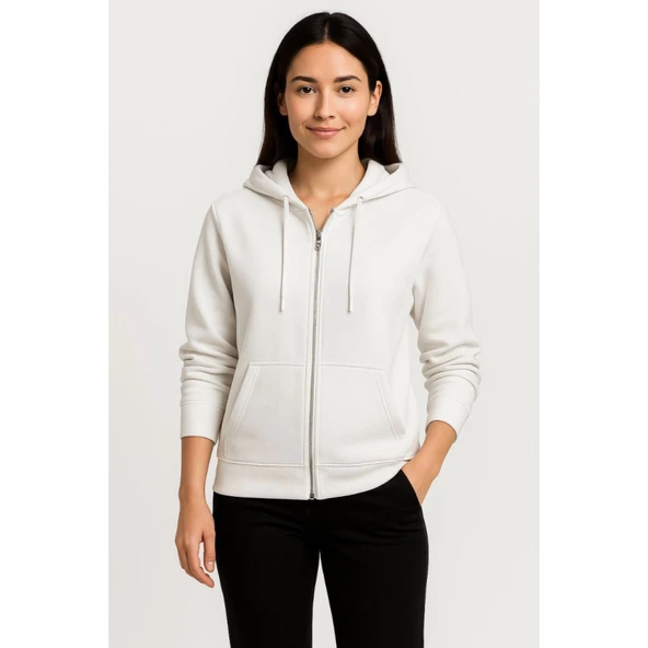 Lucky Life Üç İplik Kapüşonlu Tam Fermuarlı Kanguru Çepli SweatShirt Hoodie - Beyaz - 2