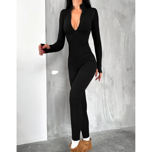 Lucky Life Kadın Uzun Kollu V Yaka Parmak Geçirmeli Detay Kaşkorse Tulum