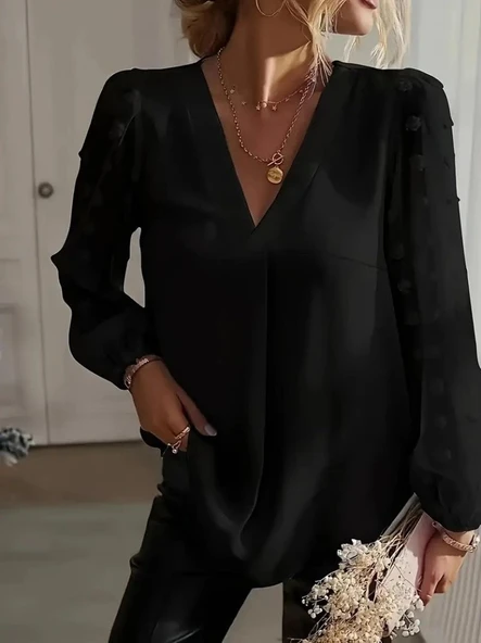 Lucky Life Kadın Uzun Kollu V Yakalı Kolları Popon Detaylı Sandy Bluz - Resim 5