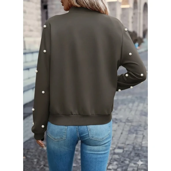 Lucky Life Kadın Uzun Kollu önden Fermuarlı Incili Kısa Modal Ceket - Resim 3