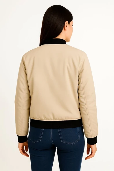 Içi Astarlı Fermuarlı Lucky Life Bomber Mont Ceket - Bej - 1