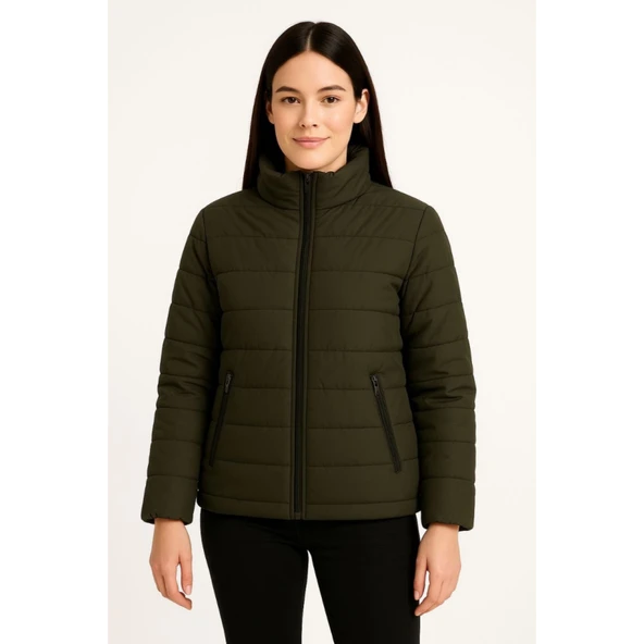 Lucky Life Bomber Mont Ceket – Su İtici Kumaş, Kapitone Astarlı, Fermuarlı, Kışlık - Haki - 4