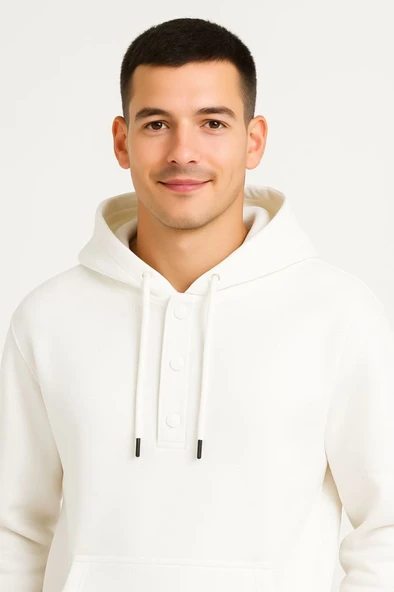 Lucky Life Erkek Ovarsize Kapüşonlu Swetshirt Kanguru Çepli Cıtcıtlı 3 Iplik Şardonlu Hoodie - Beyaz - 2