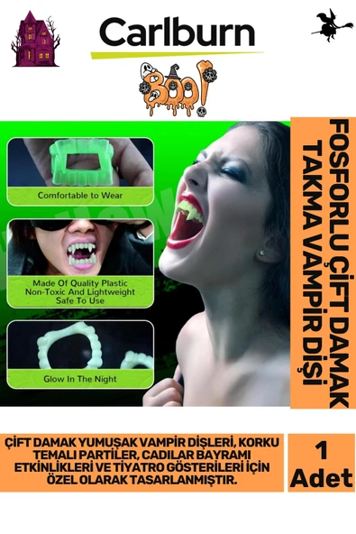 Özel Üretim Cadılar Bayramı Kostüm Partisi Fosforlu Karanlıkta Işıldayan Çift Damak Takma Vampir Diş
