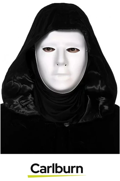 Parti Eğlence Siyah Kapüşonlu 120 cm Pelerin ve Beyaz Boyanabilir Tam Yüz Maske Kostüm Seti - 2