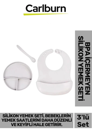Özel Üretim BPA İçermeyen Kaymaz Önlük Diş Kaşıyıcı Kaşık Vakumlu Tabak 3’lü Silikon Gri Yemek Seti