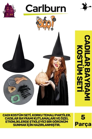 Özel Üretim Kaliteli Korku Temalı Uzun Sivri Şapkası Tırnakları Burnu Çenesi Dişi Cadı Kostüm Seti