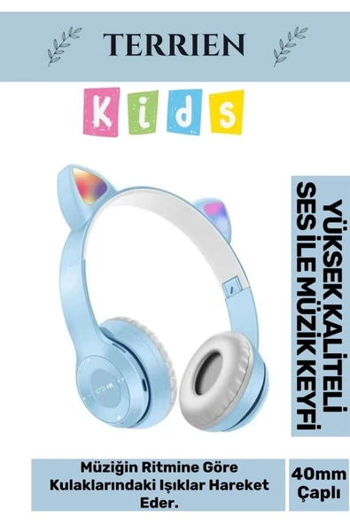 Çocuk Kedi Kulaklı Işıklı Mikrofonlu Uyumlu Kablosuz Bluetooth Kedili Kulaklık