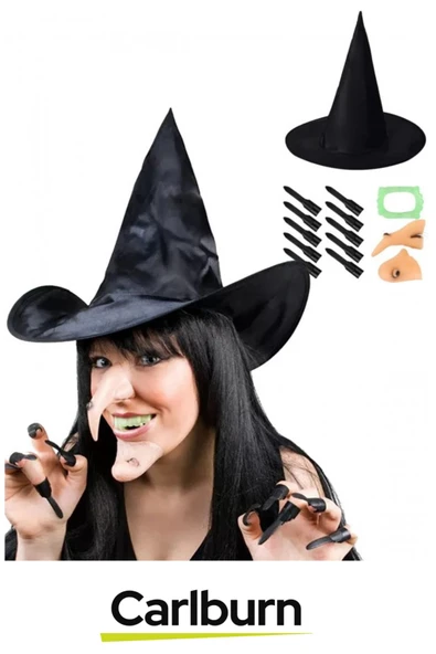 Özel Üretim Kaliteli Korku Temalı Uzun Sivri Şapkası Tırnakları Burnu Çenesi Dişi Cadı Kostüm Seti - 2