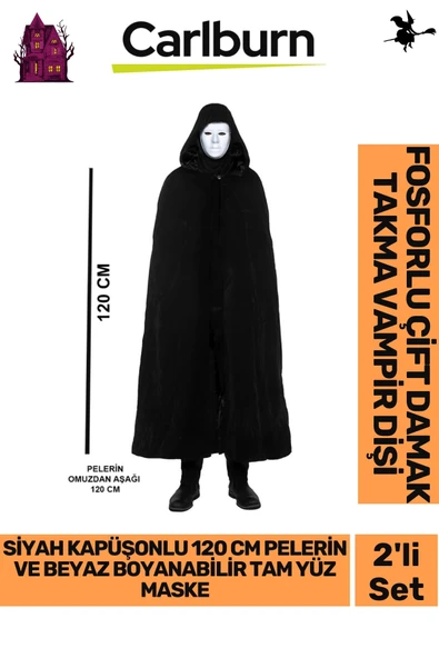 Parti Eğlence Siyah Kapüşonlu 120 cm Pelerin ve Beyaz Boyanabilir Tam Yüz Maske Kostüm Seti
