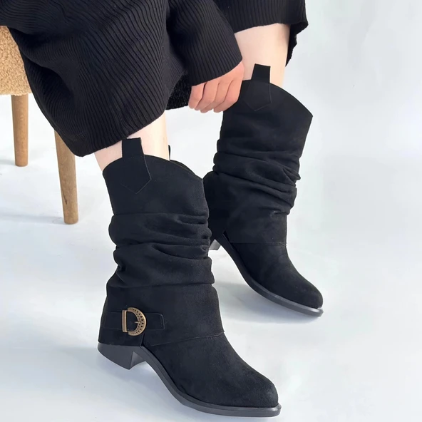 Canty Siyah Süet Körüklü Topuklu Çizme - Resim 4