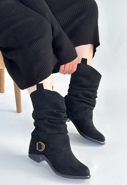 Pabucmarketi Siyah Süet Körüklü Kadın Topuklu Çizme - 2