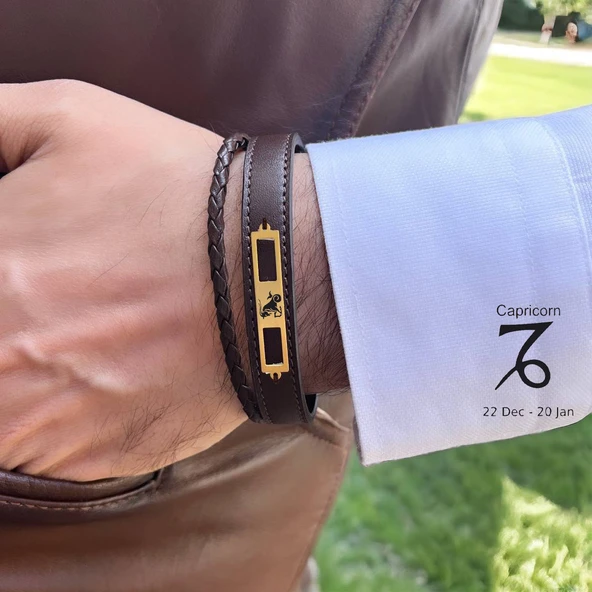 14 Ayar Altın Plakalı Burca Özel Hakiki Kahverengi Derili Dikdörtgen Motifli Hediye Bileklik-532 - Resim 2