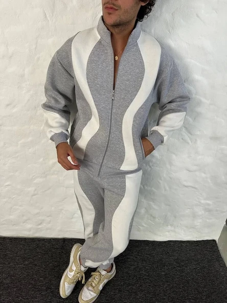 Erkek Premium Parçalı Eşofman Takım - Dik Yaka Fermuarlı Sweatshirt, - Gri - Resim 6