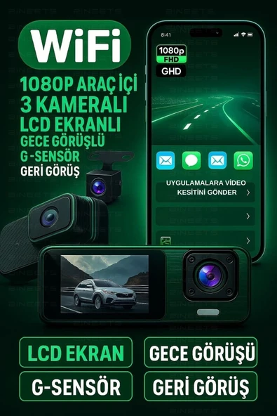 Wifi 1080p Araç içi 3 Kameralı Lcd Ekranlı Gece Görüşlü , Gsensör , Geri Görüş Kamera - 1