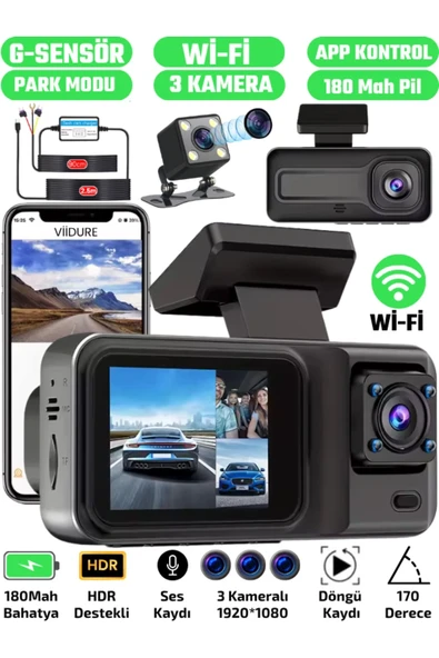A98 WiFi Full HD 3 Kameralı Araç İçi Güvenlik Kamerası + Park Modu Kablosu ÖnArkaİç Kayıt,DashCam - 1