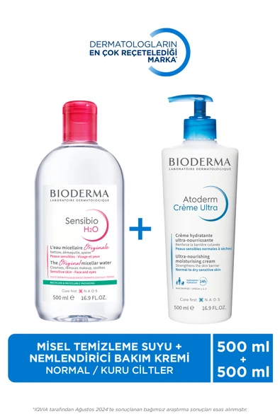 Bioderma Atoderm Normal Ve Kuru Ciltler Nemlendirici Yüz Vücut Bakım Kremi 500 ml Ve Sensibio Misel Su 500 ml