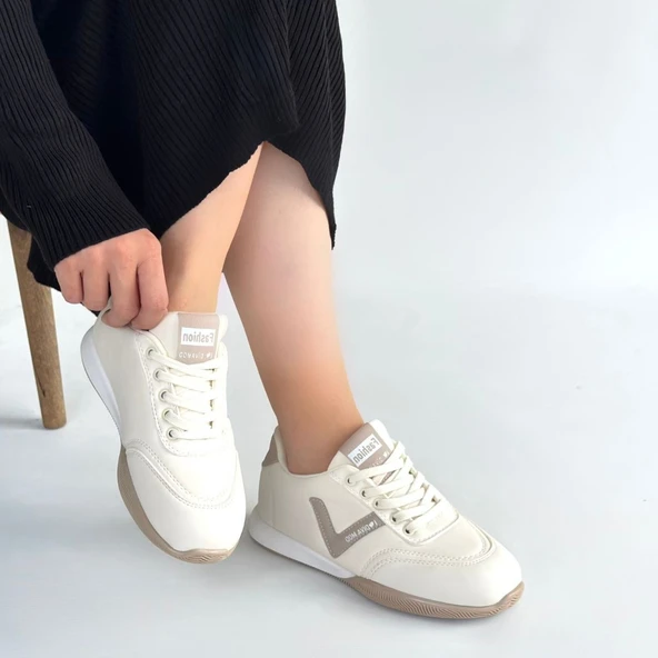 Pabucmarketi Bej Vizon Bağcıklı Kadın Spor Ayakkabı - 4