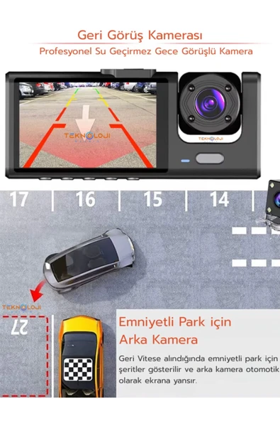 1080P Dash Cam Full Hd Araç içi Kamera Ön Arka ve İç Kayıt 3 Kamera Gece Görüşlü G Sensör Geniş Açı - 2