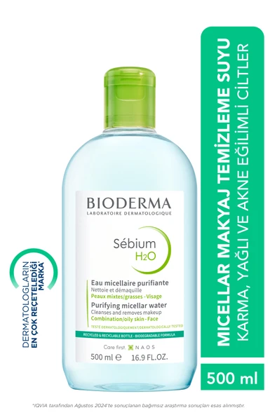 Bioderma Sebium H2O Karma, Yağlı ve Akne Eğilimli Ciltler için Micellar Makyaj Temizleme Suyu 500 ml ürün görseli