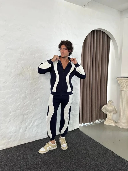 Erkek Premium Parçalı Eşofman Takım - Dik Yaka Fermuarlı Sweatshirt, - Siyah - Resim 8