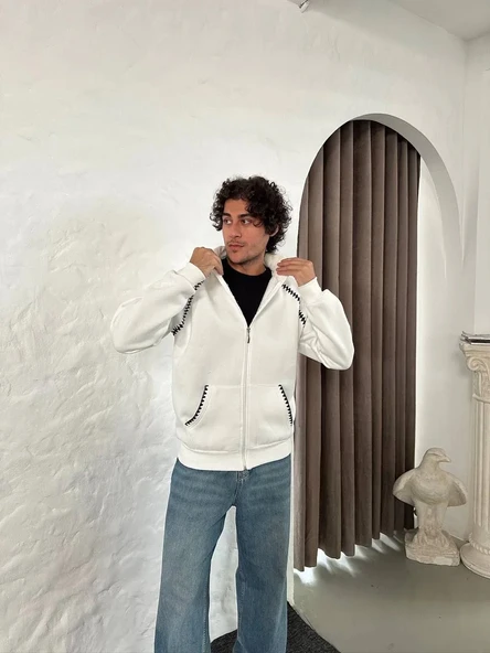 Erkek Oversize Dik Yaka Fermuarlı Sweatshirt - Zincir Nakışli Kanguru Cepli - Beyaz - Resim 7