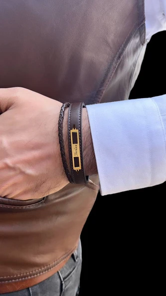 14 Ayar Altın Plakalı İsme Özel Dikdörtgen Motifli Hakiki Kahverengi Derili Hediye Bileklik-532 - Resim 2