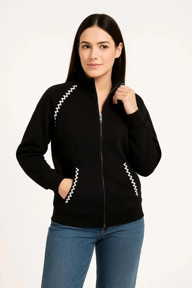 Kadın Oversize Dik Yaka Fermuarlı Sweatshirt - Zincir Nakışli Kanguru Cepli, - Siyah - Resim 4