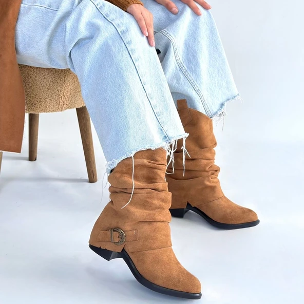 Pabucmarketi Taba Süet Körüklü Kadın Topuklu Çizme - 4