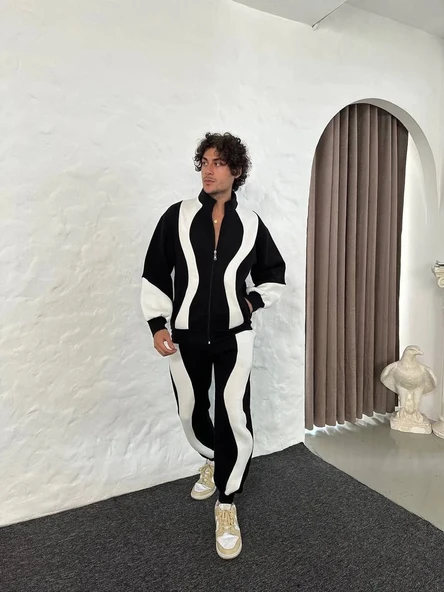 Erkek Premium Parçalı Eşofman Takım - Dik Yaka Fermuarlı Sweatshirt, - Siyah - Resim 5