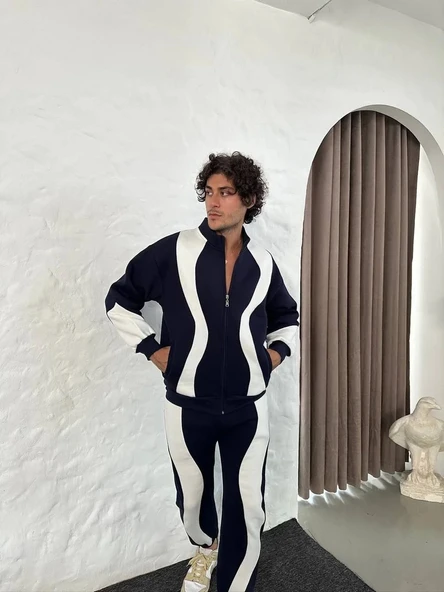 Erkek Premium Parçalı Eşofman Takım - Dik Yaka Fermuarlı Sweatshirt, - Siyah - Resim 6