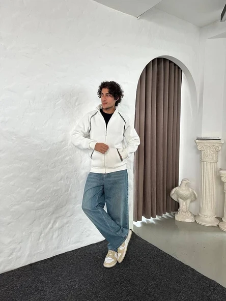 Erkek Oversize Dik Yaka Fermuarlı Sweatshirt - Zincir Nakışli Kanguru Cepli - Beyaz - Resim 6