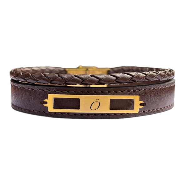 14 Ayar Altın Plakalı Harfe Özel Dikdörtgen Motifli Hakiki Kahverengi Derili Hediye Bileklik-532 ürün görseli