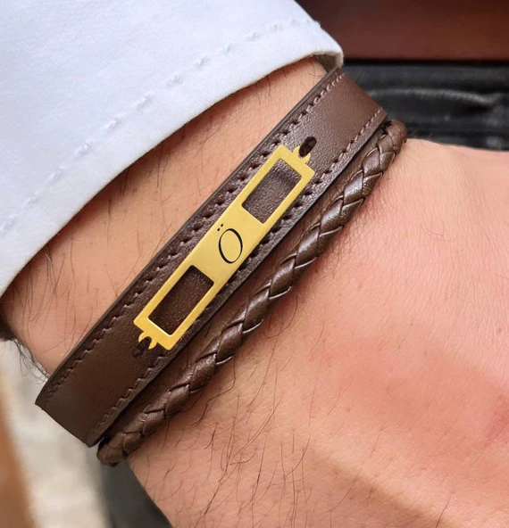 14 Ayar Altın Plakalı Harfe Özel Dikdörtgen Motifli Hakiki Kahverengi Derili Hediye Bileklik-532 - Resim 2